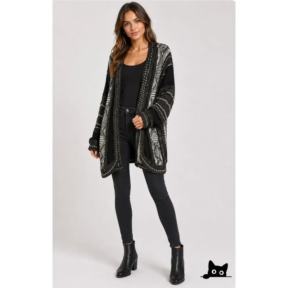 LA Hearts Black Gray and Cream Striped Knit Long Line Open Cardigan Sweater OS - Picture 5 of 14